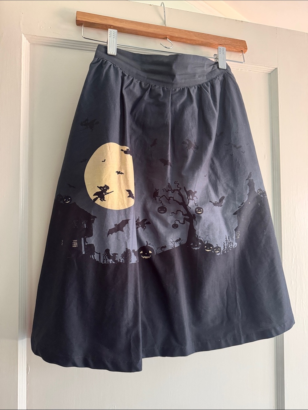 Modcloth Black A-Line Skirt with Yellow Moon and Halloween Scene
